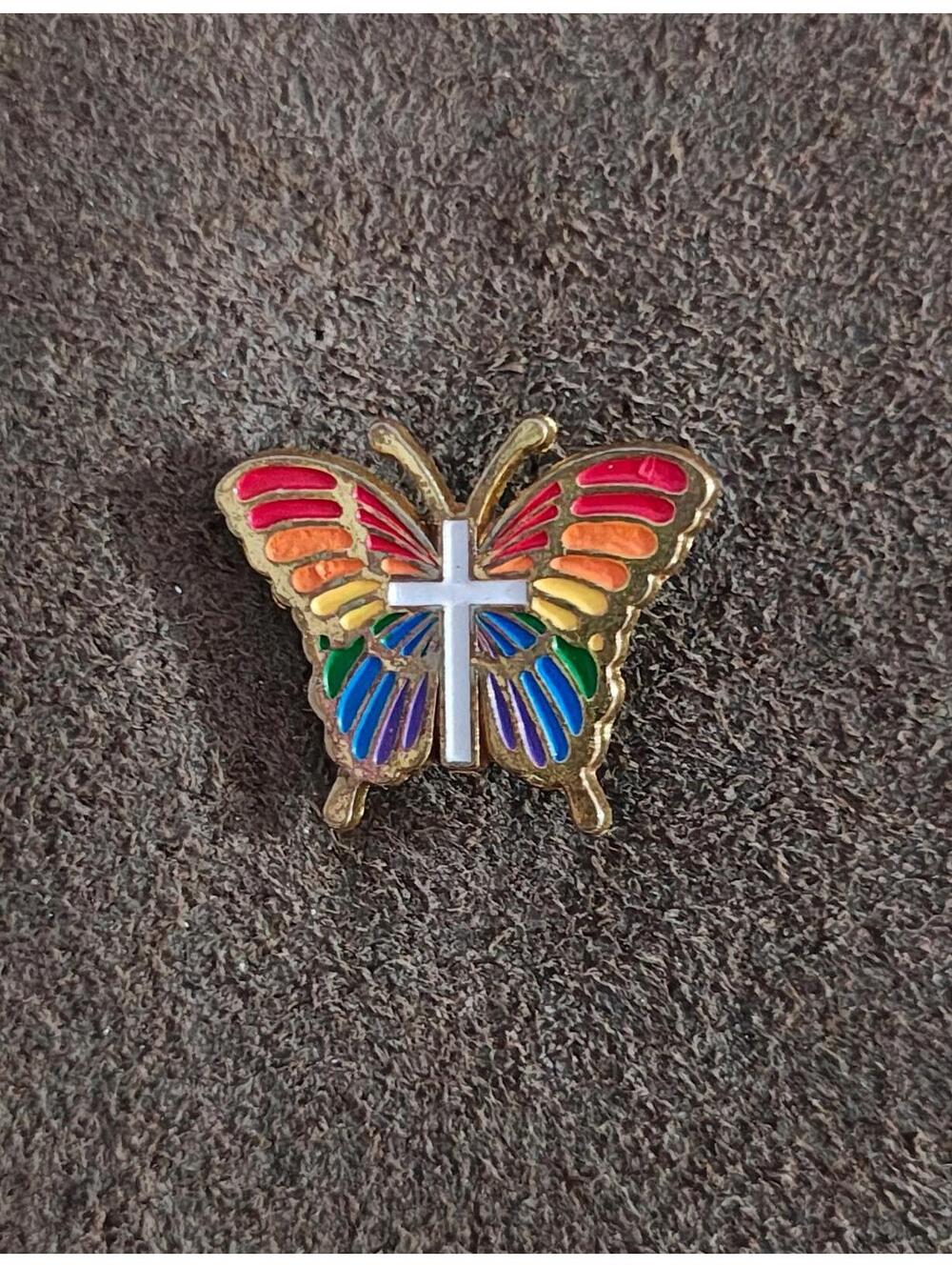 1980's Rainbow Butterfly With White Cross Gold Tone Enamel Pin - Picture 2 of 9
